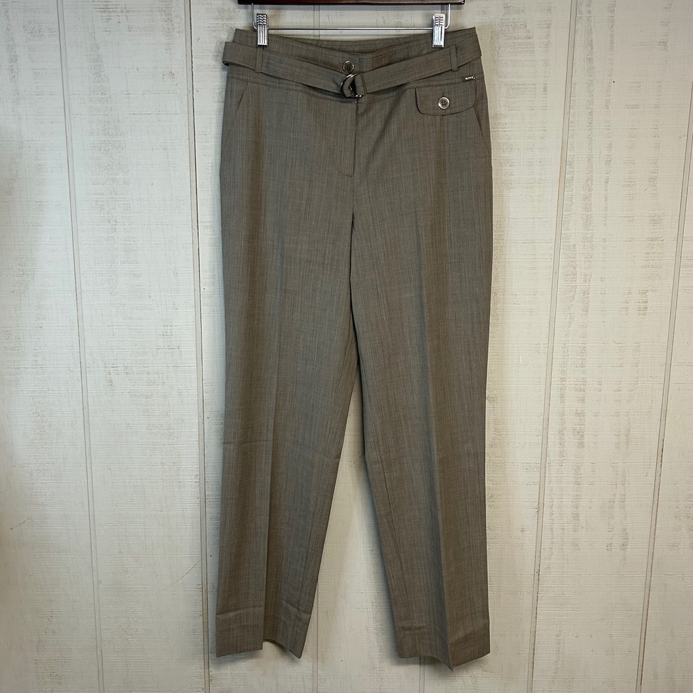 St John Women Trouser Pants 8 Straight Leg Wool Blend Belted Taupe Brown Career - Picture 2 of 11